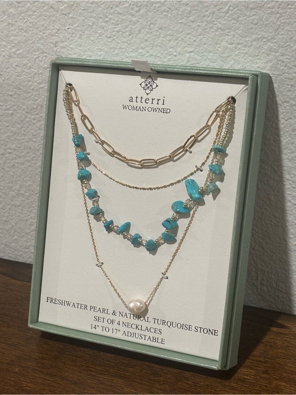 Atterri Gold Tone Layered Necklace Set with Turquoise and Freshwater Pearl - Picture 4 of 4